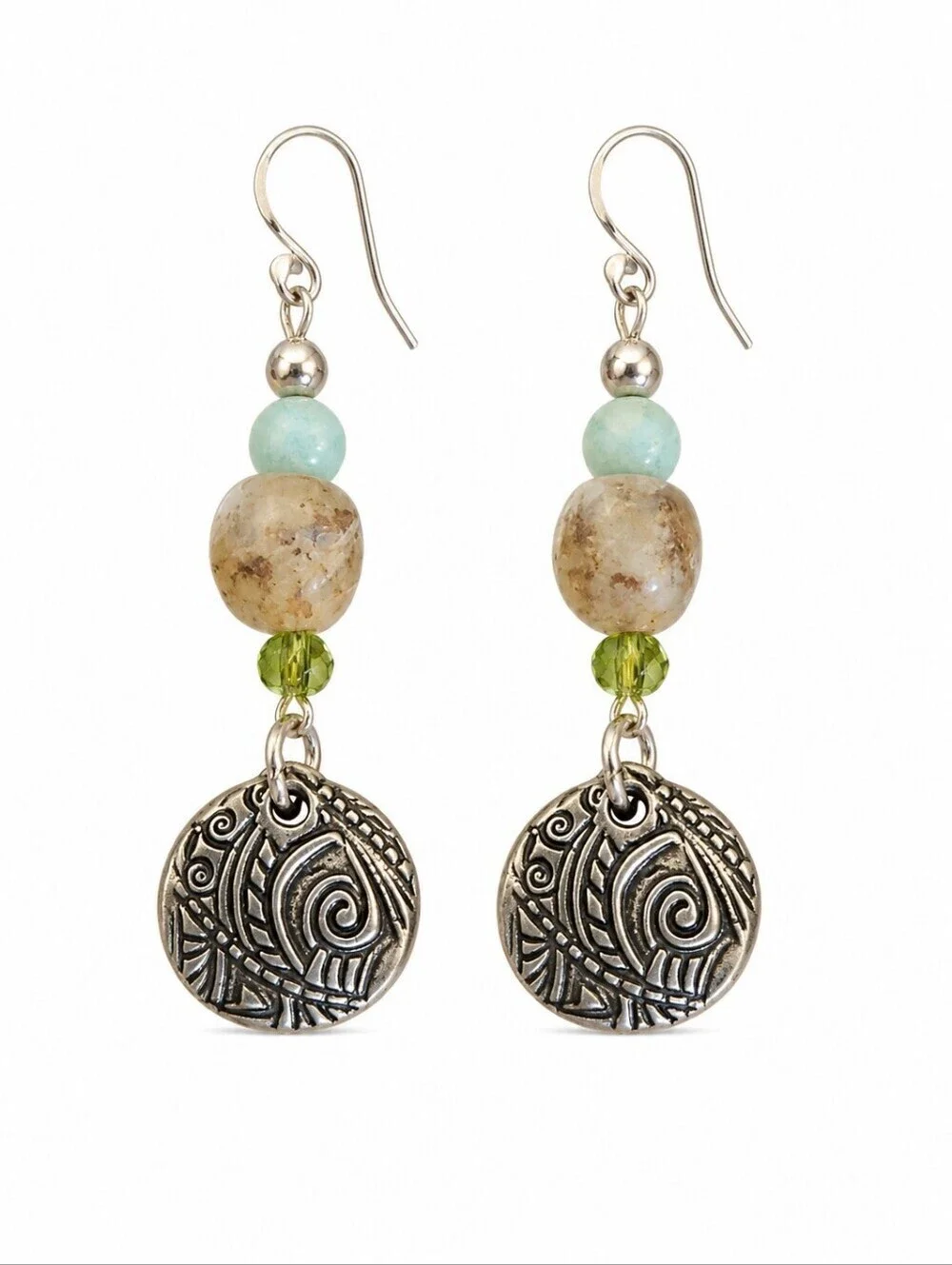 HANDMADE Rustic African Glass Amazonite Beaded Dangle Hook Earrings